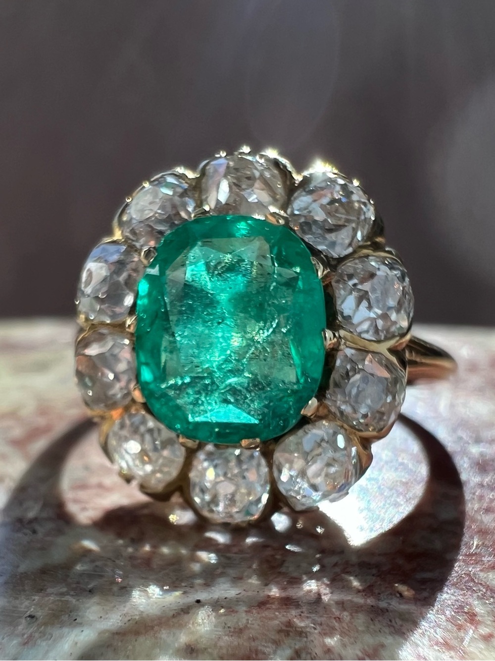 Victorian Colombian Emerald & Old Mine Cut Diamond Ring